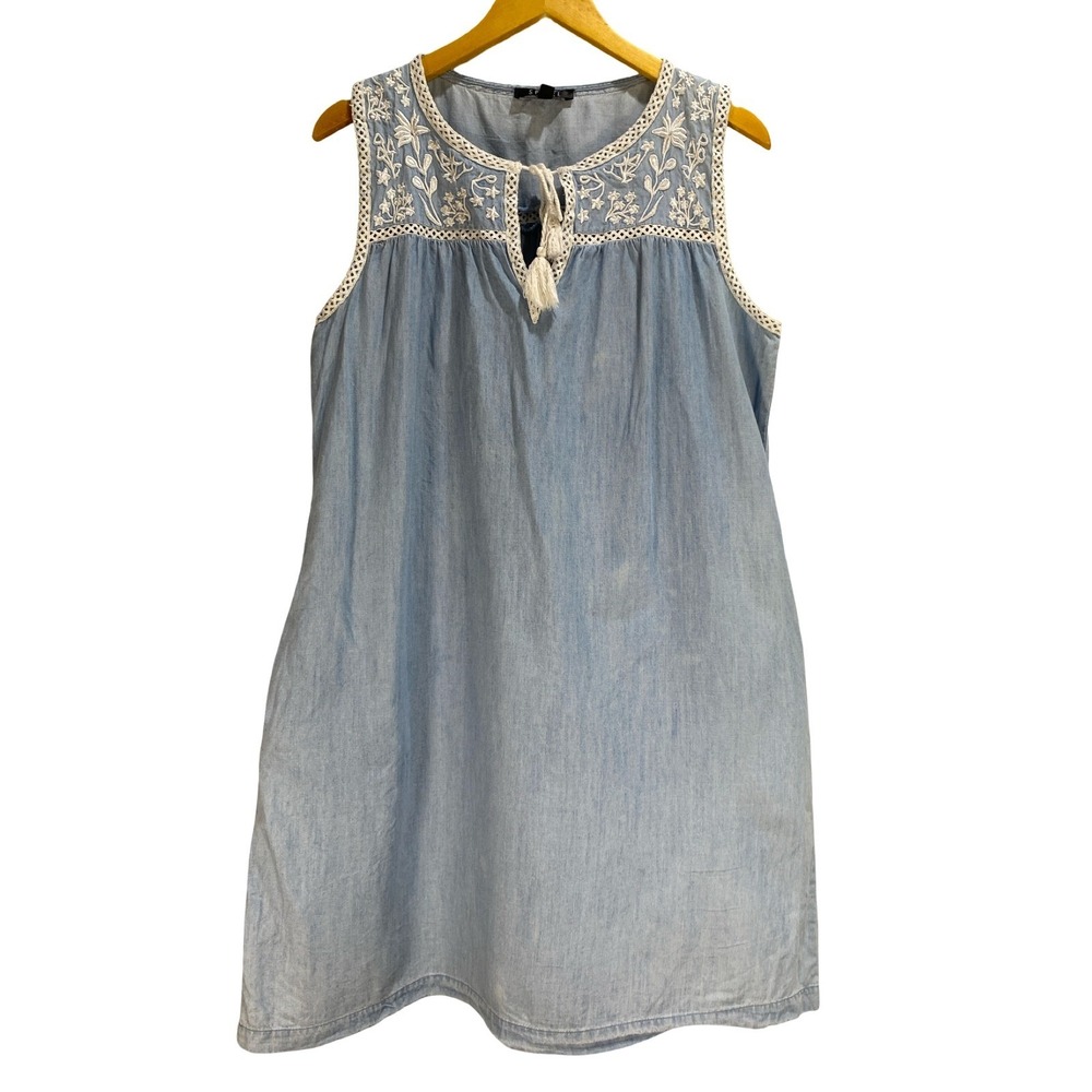 Spense‎ Womens Blue Chambray Embroidered Tassel Sleeveless Shift Dress Size 14